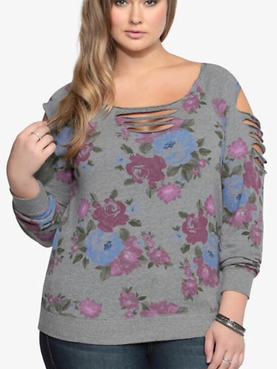 torrid Tops - TORRID 4 Plus Size Floral Slashed Sweatshirt Gray Grey Purple Blue Grunge 2010s